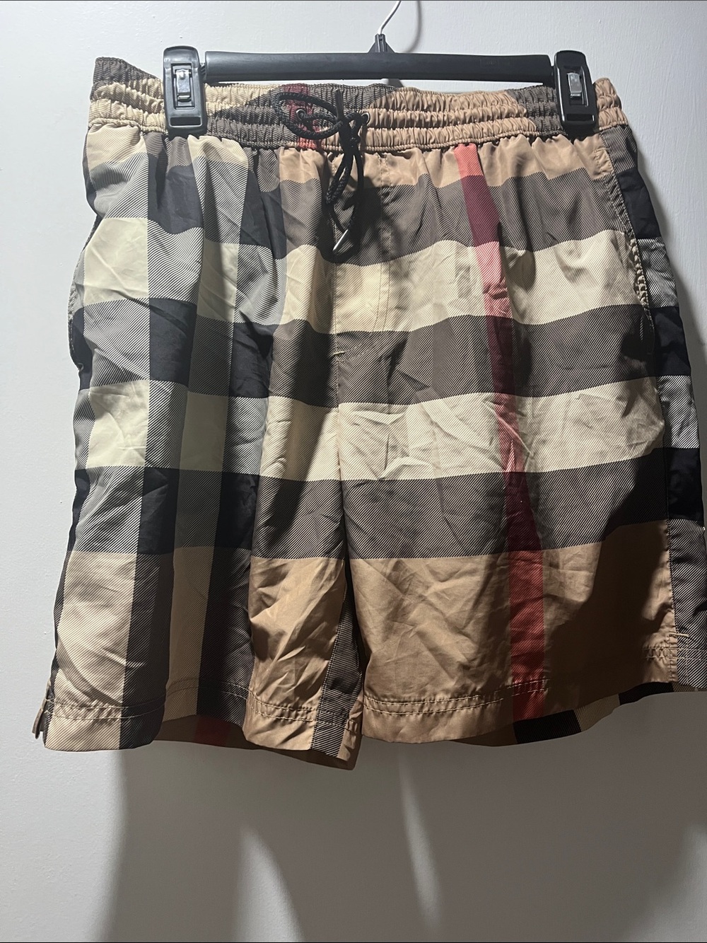 Burberry Beige Plaid Swim Board Shorts with Red Stripe